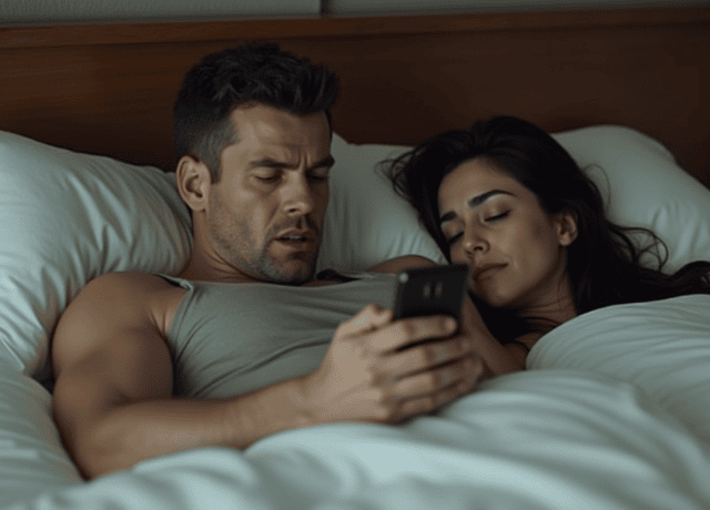 A couple lying in bed the man secretly looking at his smartphone