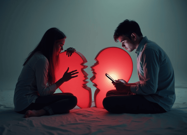 A couple sitting in a bed with a cracked heart