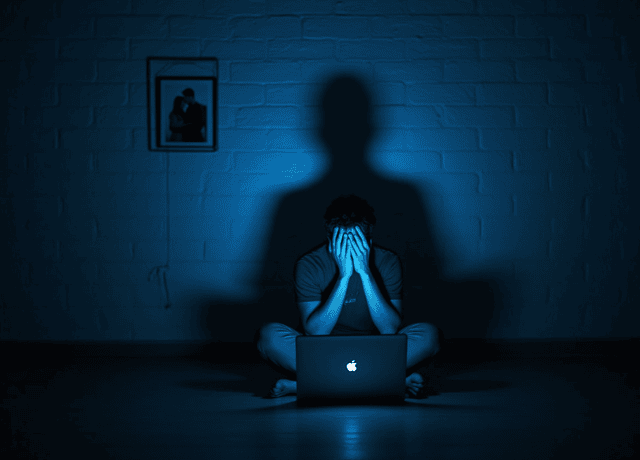 A distressed man sitting alone on the floor in a dark room with a laptop in front of him