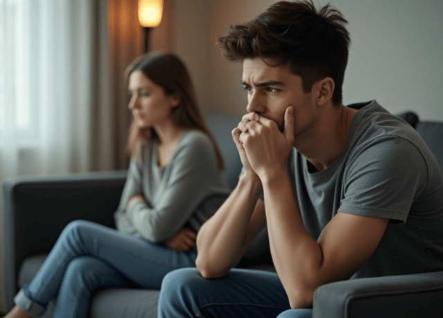 A emotional tension young couple sitting on a sofa