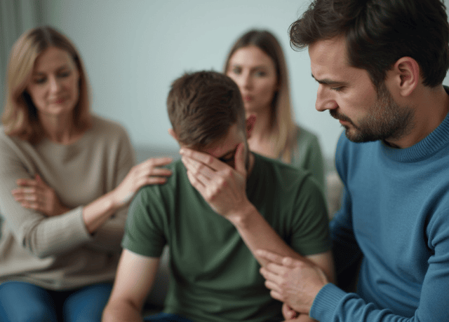 A group of four individuals supports a sad man