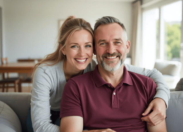A happy middle-aged couple sitting together at home