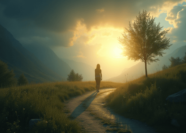 A person walking along a winding path surrounded by nature, moving from a dark