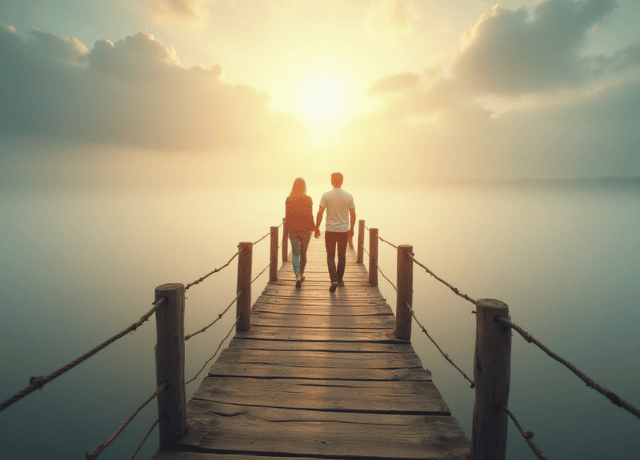 Two people walking on a long wooden bridge toward each other