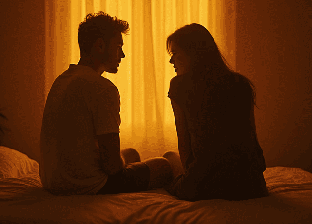 Couple sitting on bed and having there healthy conversion.