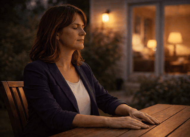 Quietly sitting outside in her backyard doing grounding work and meditations